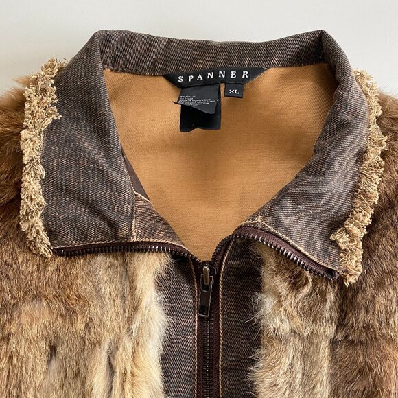 Spanner Rustic Brown Denim & Rabbit Fur Trim Vest SZ XL - Picture 2 of 12